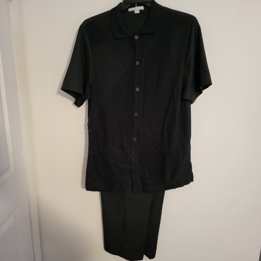 Silver silk men's two peice pants set, black